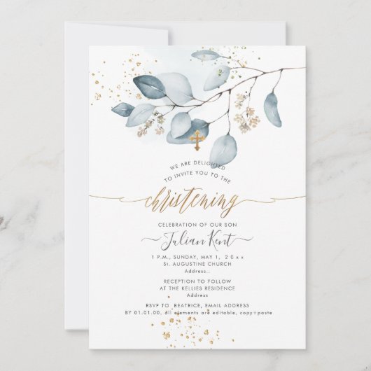 PixDezines H2 Blue Gum Eucalyptus Christening Kaart (Voorkant)