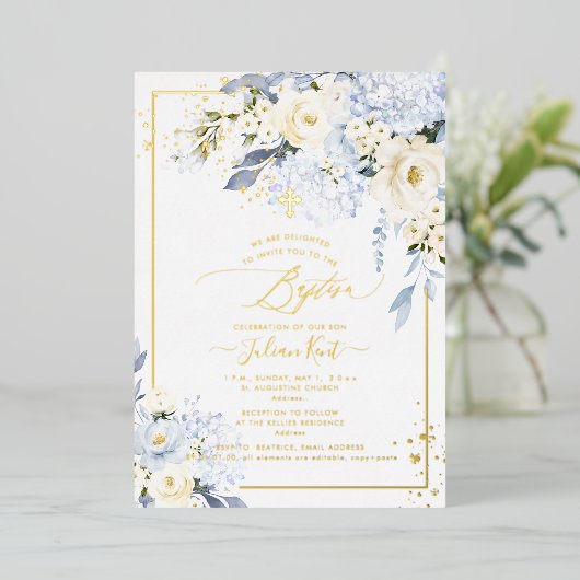 PixDezines H2 Blue Hydrangeas Cream Rozen Baptisme Folie Uitnodiging (Staand Voorkant)