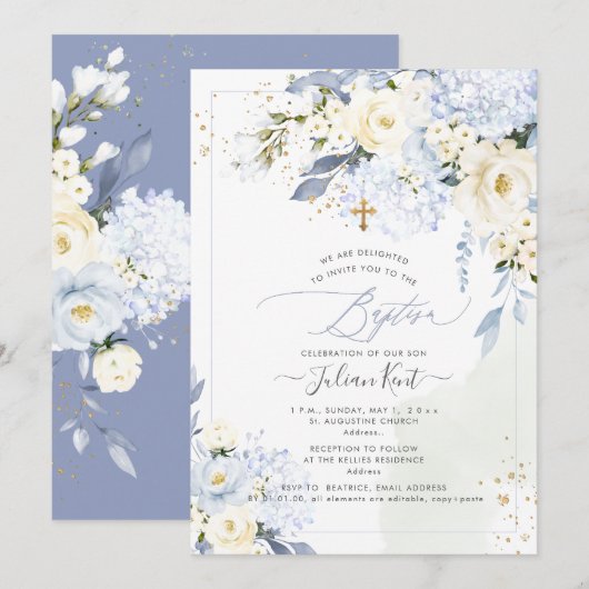 PixDezines H2 Blue Hydrangeas Cream Rozen Baptisme Kaart (Voorkant / Achterkant)