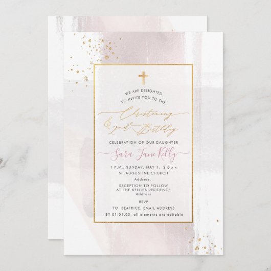 PixDezines H2 Blush Christening+2nd Birthday Invit Kaart (Voorkant / Achterkant)