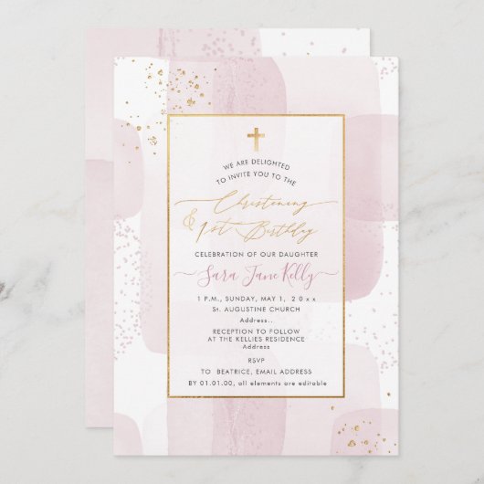 PixDezines H2 Blush doop+1e verjaardag Kaart (Voorkant / Achterkant)