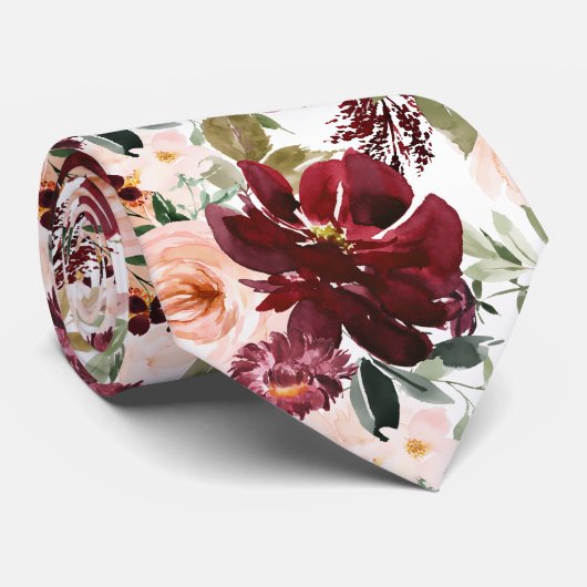 PixDezines H2 Blush Pink Burgundy Flowers  Stropdas (Opgerold)