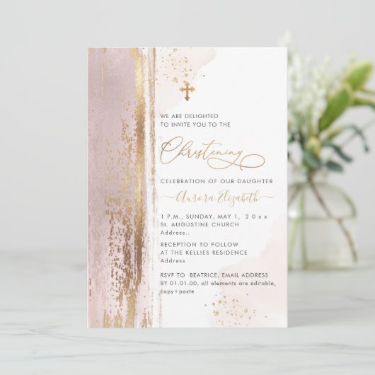 PixDezines H2 Blush Pink Christening Uitnodiging (Staand voorkant)