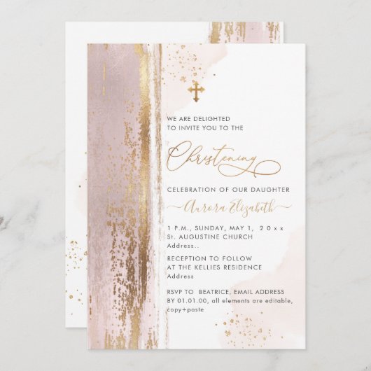 PixDezines H2 Blush Pink Christening Uitnodiging (Voorkant / Achterkant)