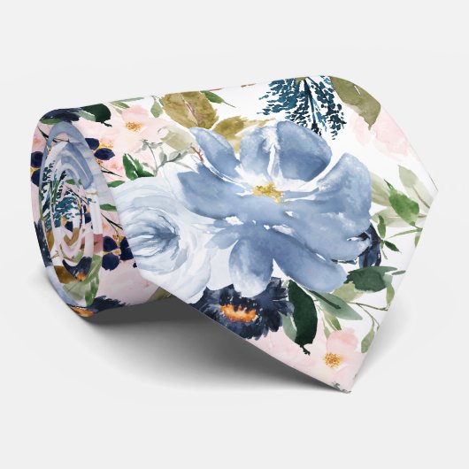 PixDezines H2 Blush Pink Dusty Blue Flowers  Stropdas (Opgerold)