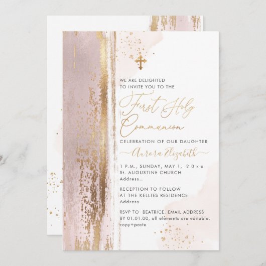 PixDezines H2 Blush Pink First Jesus Communivi Kaart (Voorkant / Achterkant)