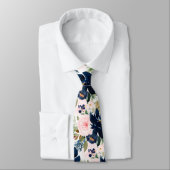 PixDezines H2 Blush Pink Navy Flowers  Stropdas (Gebonden)