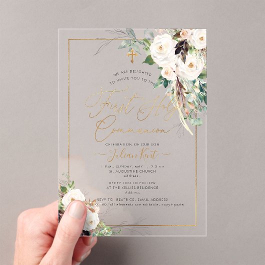 PixDezines H2 Blush Roses First Holy Communion Acryl Uitnodigingen (Insitu (Draagbaar))