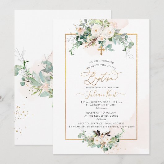 PixDezines H2 Blush Rozen Baptisme Kaart (Voorkant / Achterkant)