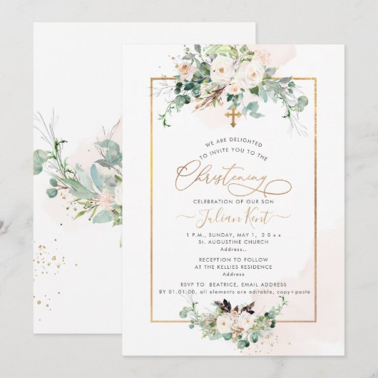 PixDezines H2 Blush Rozen Christening Kaart (Voorkant / Achterkant)