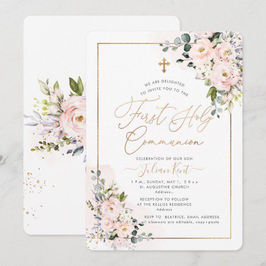 PixDezines H2 Blush Rozen eerste Heilige Communie  Kaart (Voorkant / Achterkant)