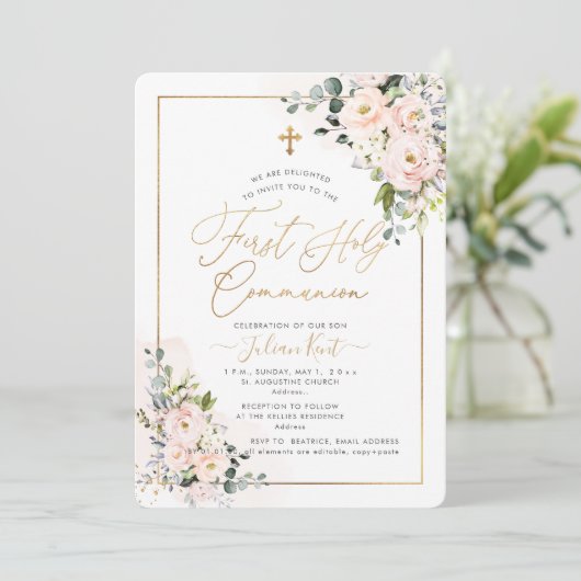 PixDezines H2 Blush Rozen eerste Heilige Communie Kaart (Staand voorkant)