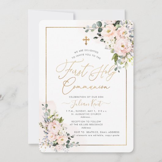 PixDezines H2 Blush Rozen eerste Heilige Communie Kaart (Voorkant)
