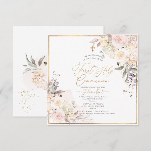 PixDezines H2 Blush Rozen Eerste Heilige Communie Kaart (Voorkant / Achterkant)