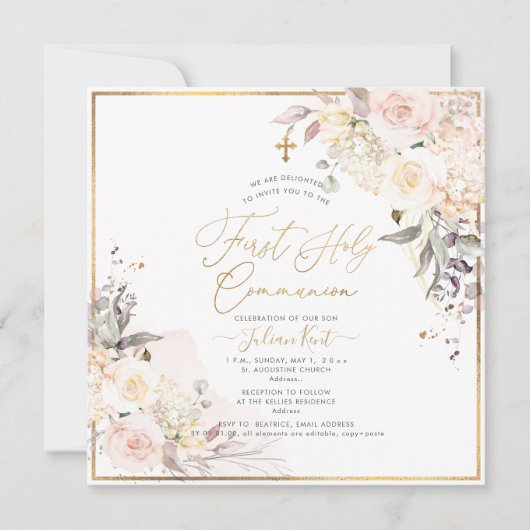 PixDezines H2 Blush Rozen Eerste Heilige Communie Kaart (Voorkant)