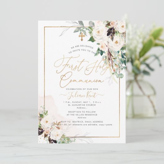 PixDezines H2 Blush Rozen Eerste Heilige Communie Kaart (Staand voorkant)