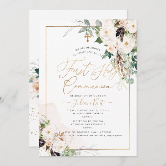 PixDezines H2 Blush Rozen Eerste Heilige Communie Kaart (Voorkant / Achterkant)