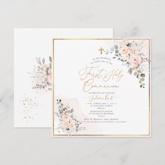 PixDezines H2 Blush Rozen Eerste Heilige Communie Kaart (Voorkant / Achterkant)