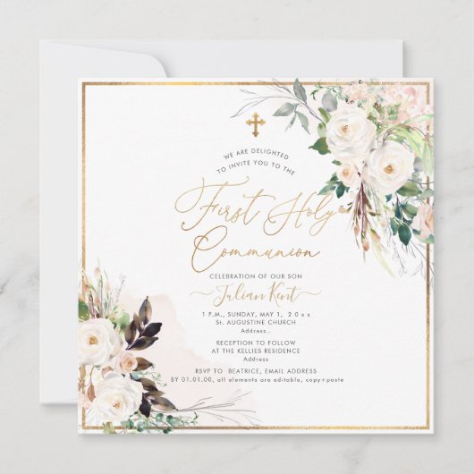 PixDezines H2 Blush Rozen Eerste Heilige Communie Kaart (Voorkant)