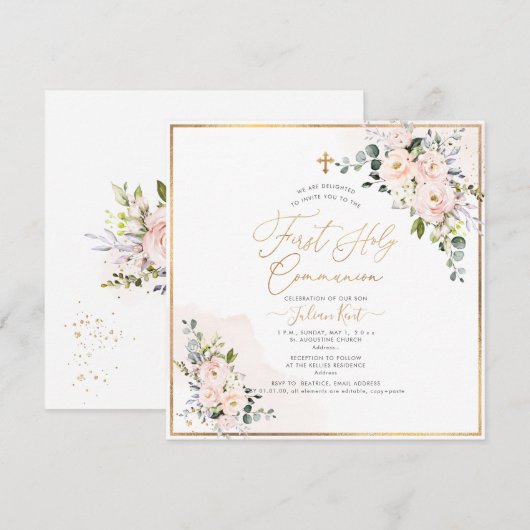 PixDezines H2 Blush Rozen Eerste Heilige Communie Kaart (Voorkant / Achterkant)