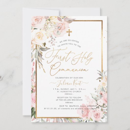 PixDezines H2 Blush Rozen Eerste Heilige Communie Kaart (Voorkant)