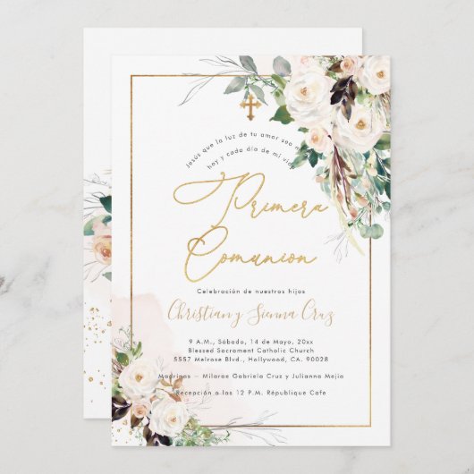 PixDezines H2 Blush Rozen Primera Comunion Kaart (Voorkant / Achterkant)