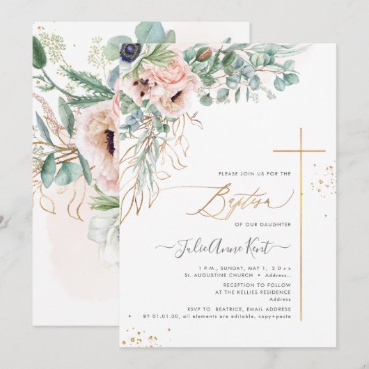 PixDezines H2 Blush White Anemones Baptisme Kaart (Voorkant / Achterkant)