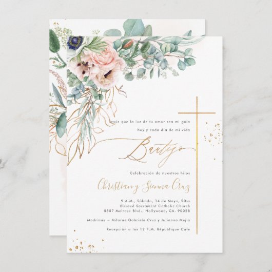 PixDezines H2 Blush White Anemones Bautizo Kaart (Voorkant / Achterkant)