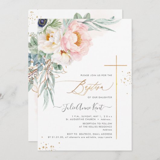 PixDezines H2 Blush White Peonies Baptisme Kaart (Voorkant / Achterkant)