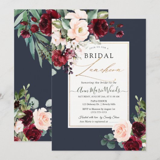 PixDezines H2 Burgundy Blush Bridal Luncheon Kaart (Voorkant / Achterkant)