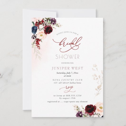 PixDezines H2 Burgundy Blush Floral Vrijgezellenfe Save The Date (Voorkant)
