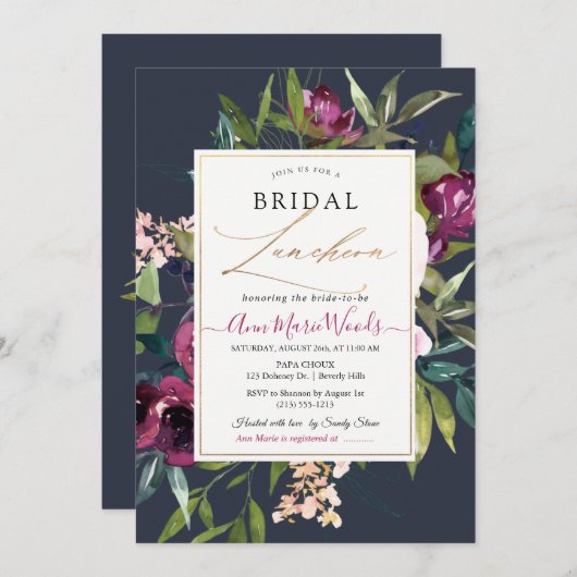 PixDezines H2 Burgundy Navy Blush Bridal Luncheon Kaart (Voorkant / Achterkant)