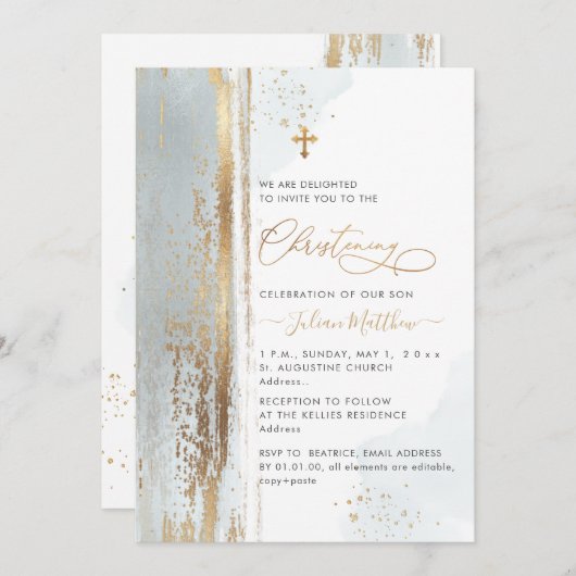 PixDezines H2 Dusty Blue Christening Uitnodiging (Voorkant / Achterkant)
