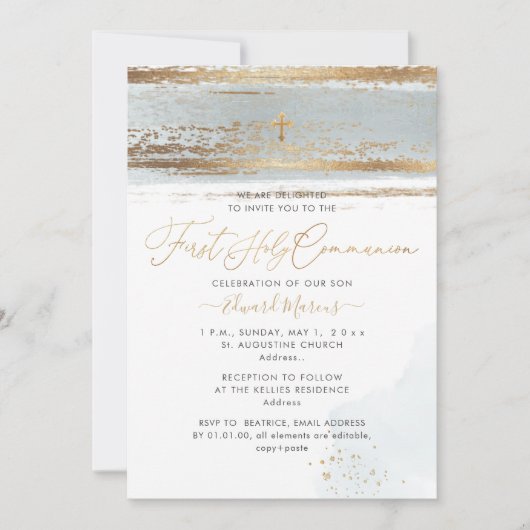 PixDezines H2 Dusty Blue First Heilige Communie Kaart (Voorkant)