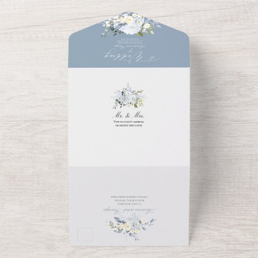 PixDezines H2 Dusty Blue Flowers Rozen Hydrangea All In One Uitnodiging (Buitenkant)
