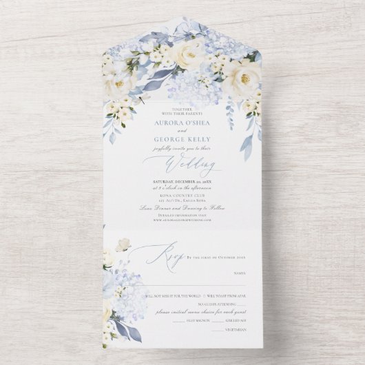 PixDezines H2 Dusty Blue Flowers Rozen Hydrangea All In One Uitnodiging (Binnen)