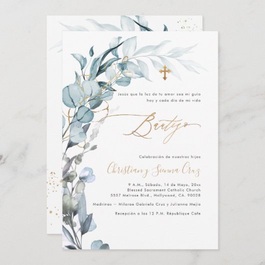 PixDezines H2 Dusty Blue Gum Eucalyptus Bautizo Kaart (Voorkant / Achterkant)