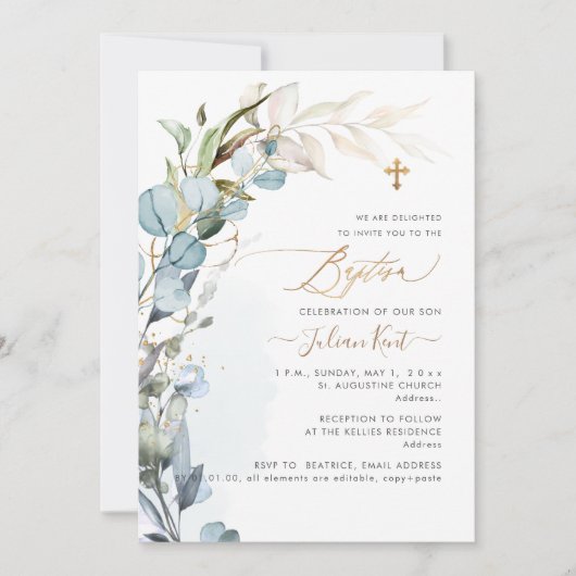 PixDezines H2 Dusty Blue Gum Foliage Baptisme Kaart (Voorkant)