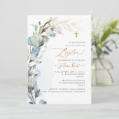 PixDezines H2 Dusty Blue Gum Foliage Baptisme Kaart (Staand voorkant)