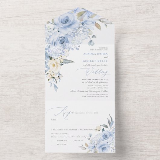 PixDezines H2 Dusty Blue Rozen Hydrangea All In One Uitnodiging (Binnen)