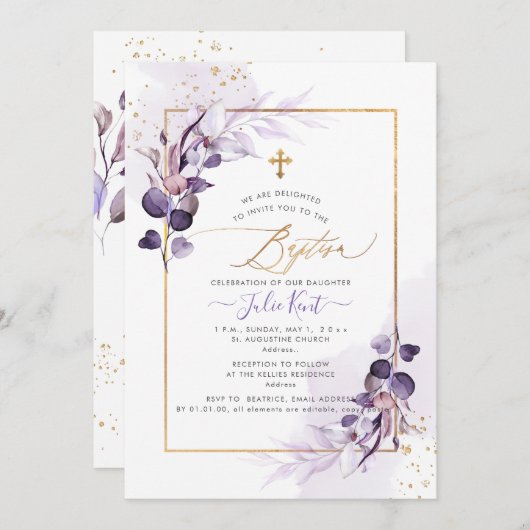 PixDezines H2 Dusty Paars Gum Eucalyptus Baptisme Kaart (Voorkant / Achterkant)