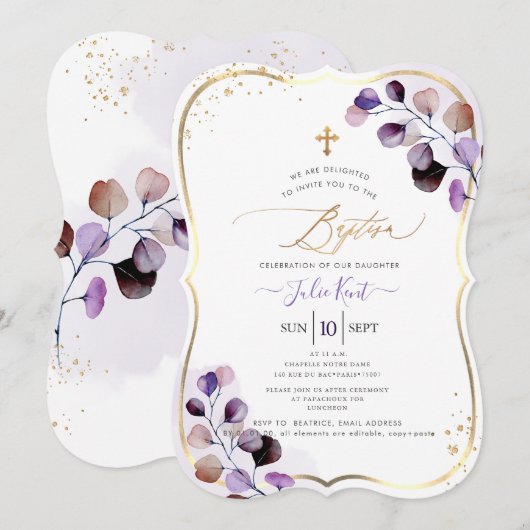 PixDezines H2 Dusty Paars Gum Eucalyptus Baptisme Kaart (Voorkant / Achterkant)