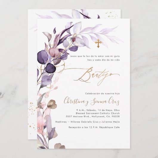 PixDezines H2 Dusty Paars Gum Eucalyptus Bautizo Kaart (Voorkant / Achterkant)