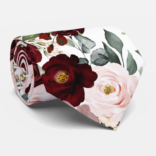 PixDezines H2 Dusty Pink Blush Burgundy Flowers Stropdas (Opgerold)