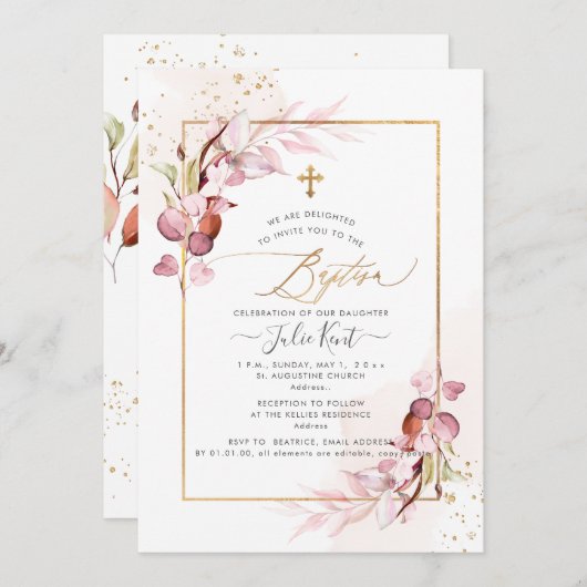 PixDezines H2 Dusty Pink Gum Eucalyptus Baptisme Kaart (Voorkant / Achterkant)