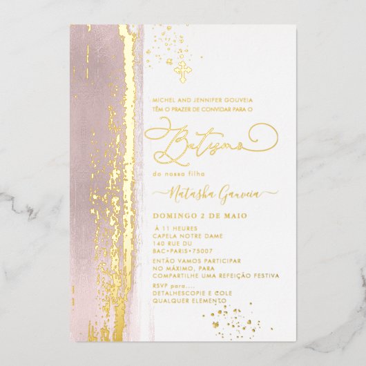 PixDezines H2 Dusty Roos Batismo Real Gold Foil Folie Uitnodiging (Voorkant)