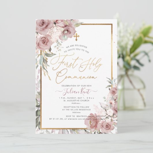 PixDezines H2 Dusty Roos Eerste Heilige Communie Kaart (Staand voorkant)