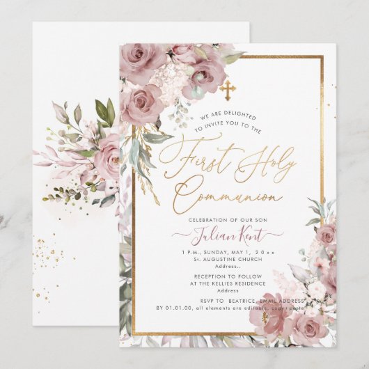PixDezines H2 Dusty Roos Eerste Heilige Communie Kaart (Voorkant / Achterkant)