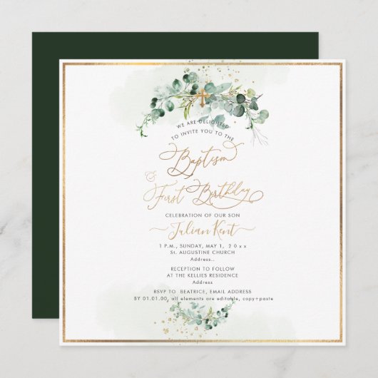 PixDezines H2 Eucalyptus Baptism First Birthday Kaart (Voorkant / Achterkant)