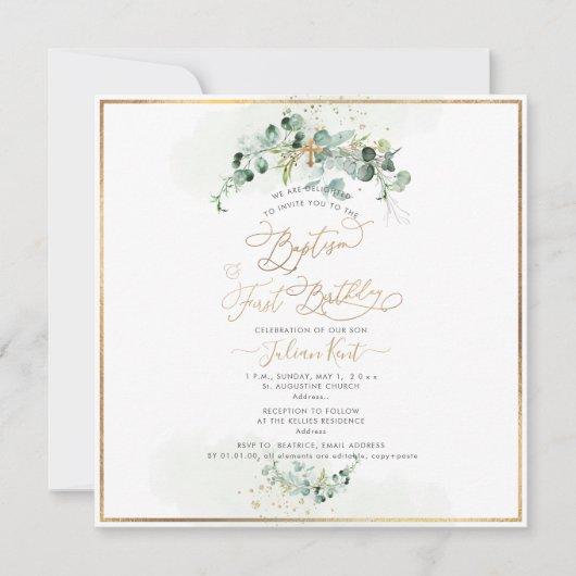 PixDezines H2 Eucalyptus Baptism First Birthday Kaart (Voorkant)